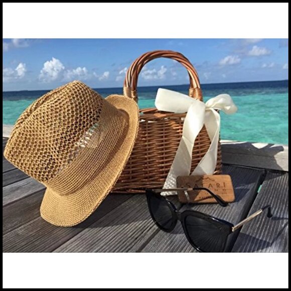 Natural Wicker Handbag Rectangular Basket Purse Straw Tote Boho Chic - Picture 3 of 5